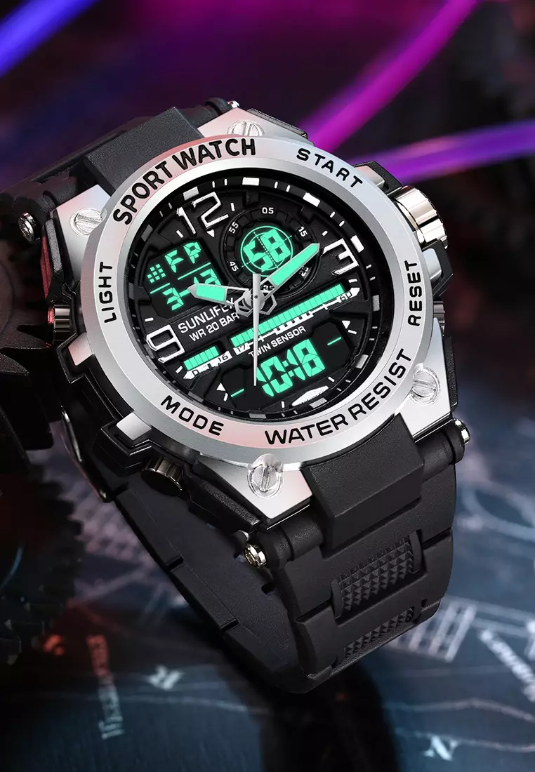 Jam Tangan Pria Digital&Analog Olahraga Multifungsi Tali Silikon Jam Tangan Cowok D003 black silver