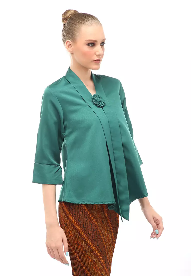 Elvia Kebaya Atasan Wanita Lengan Panjang Design Casual - Hijau Botol