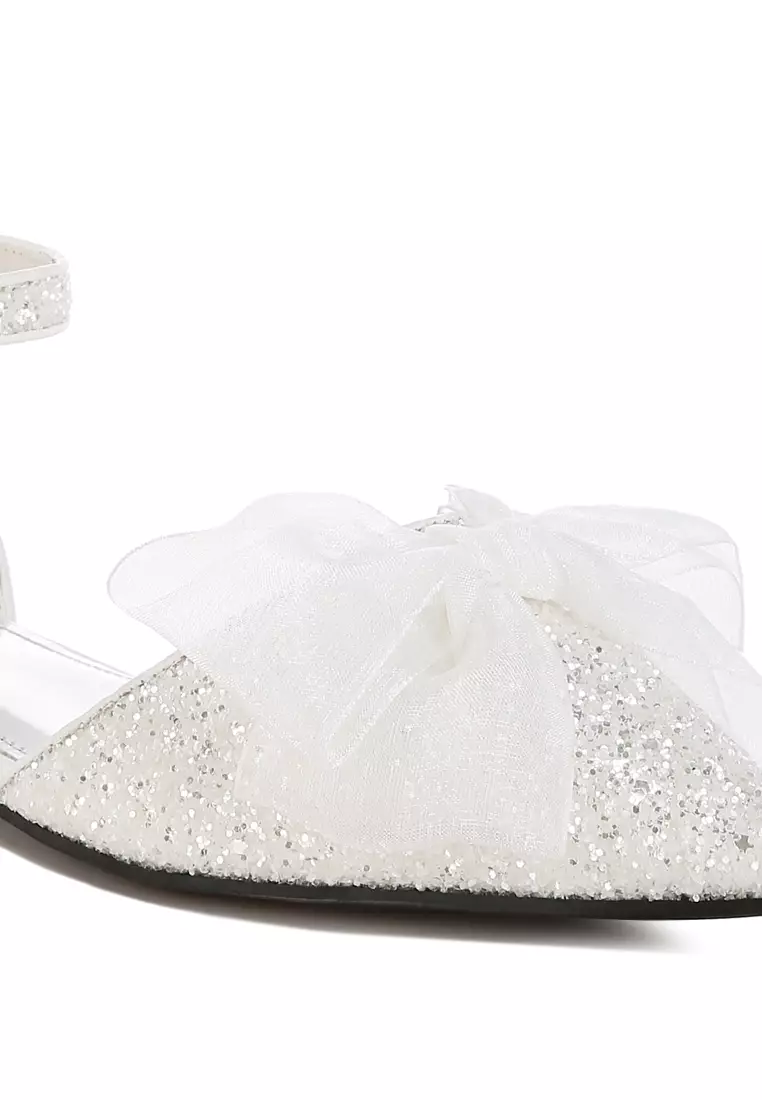 Sheer Bow Detail Glitter Flat Sandals in White