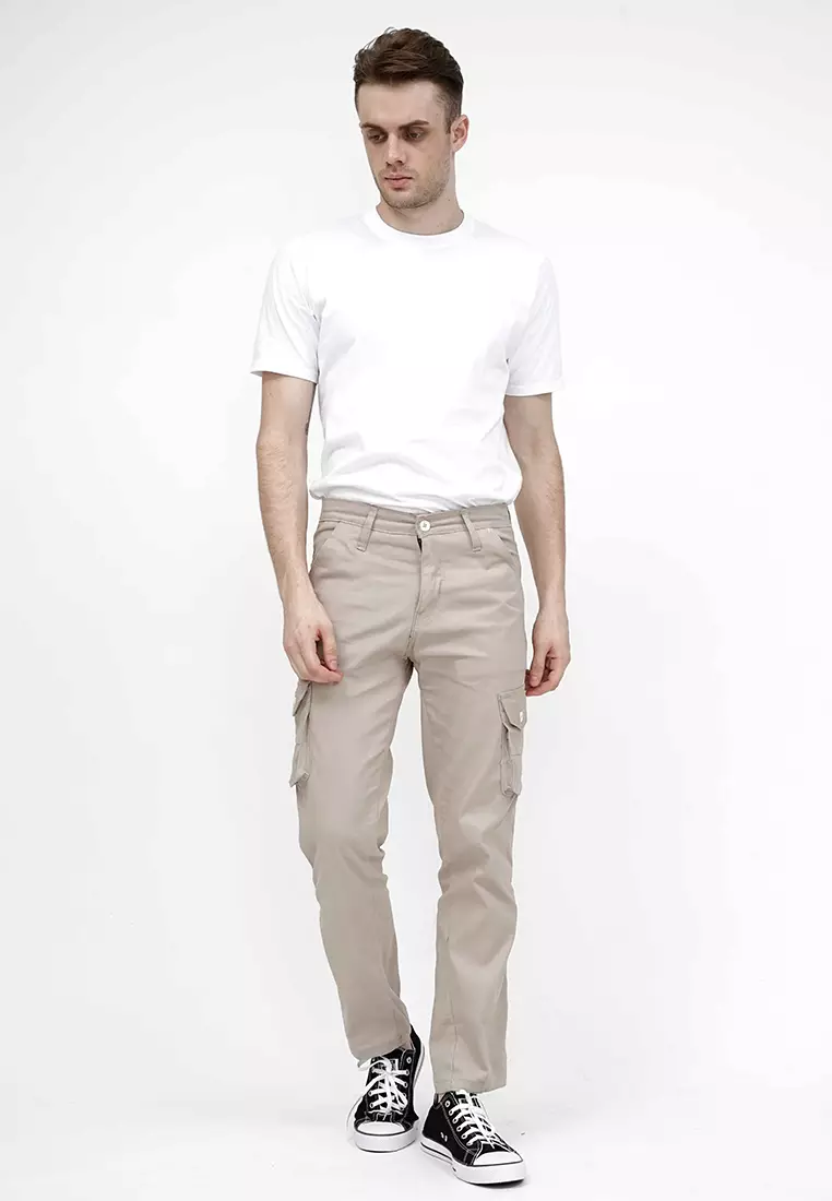 Celana Panjang kargo Pria Slim Fit Cargo pants kantong stretch melar Krim