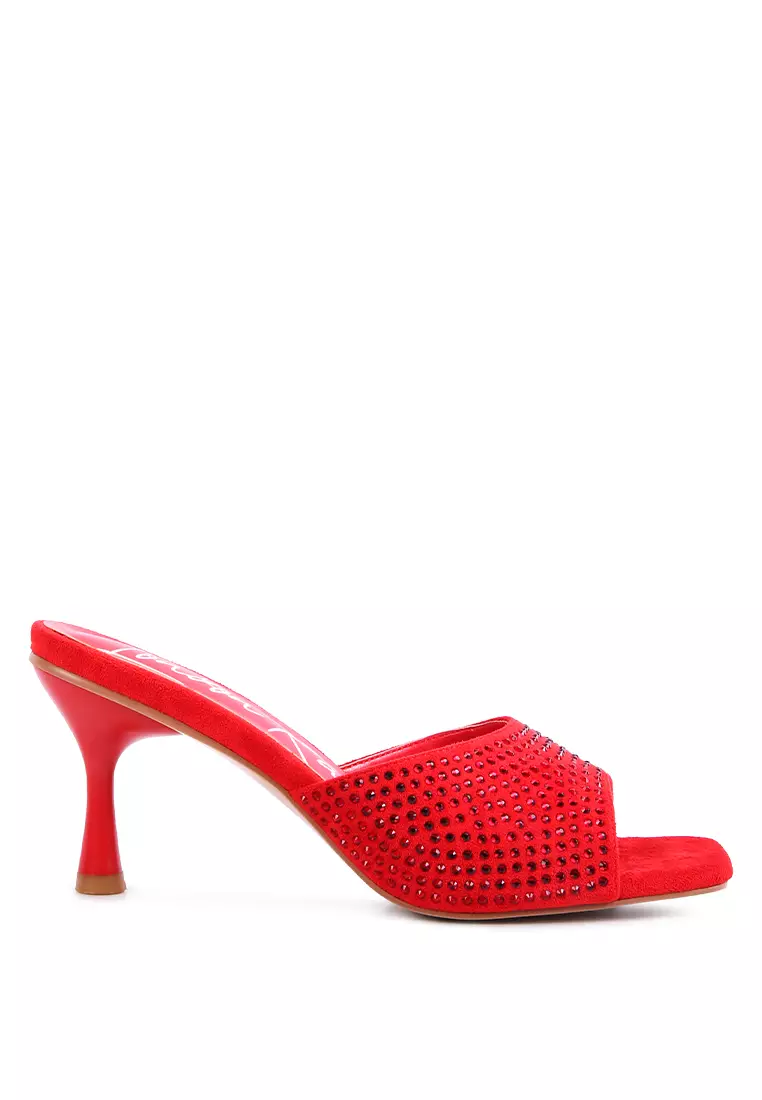 Red Diamante Stud Slip On Sandals