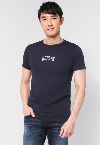 REPLAY blue CREWNECK T-SHIRT WITH REPLAY PRINT 0742AAA78AEF06GS_1
