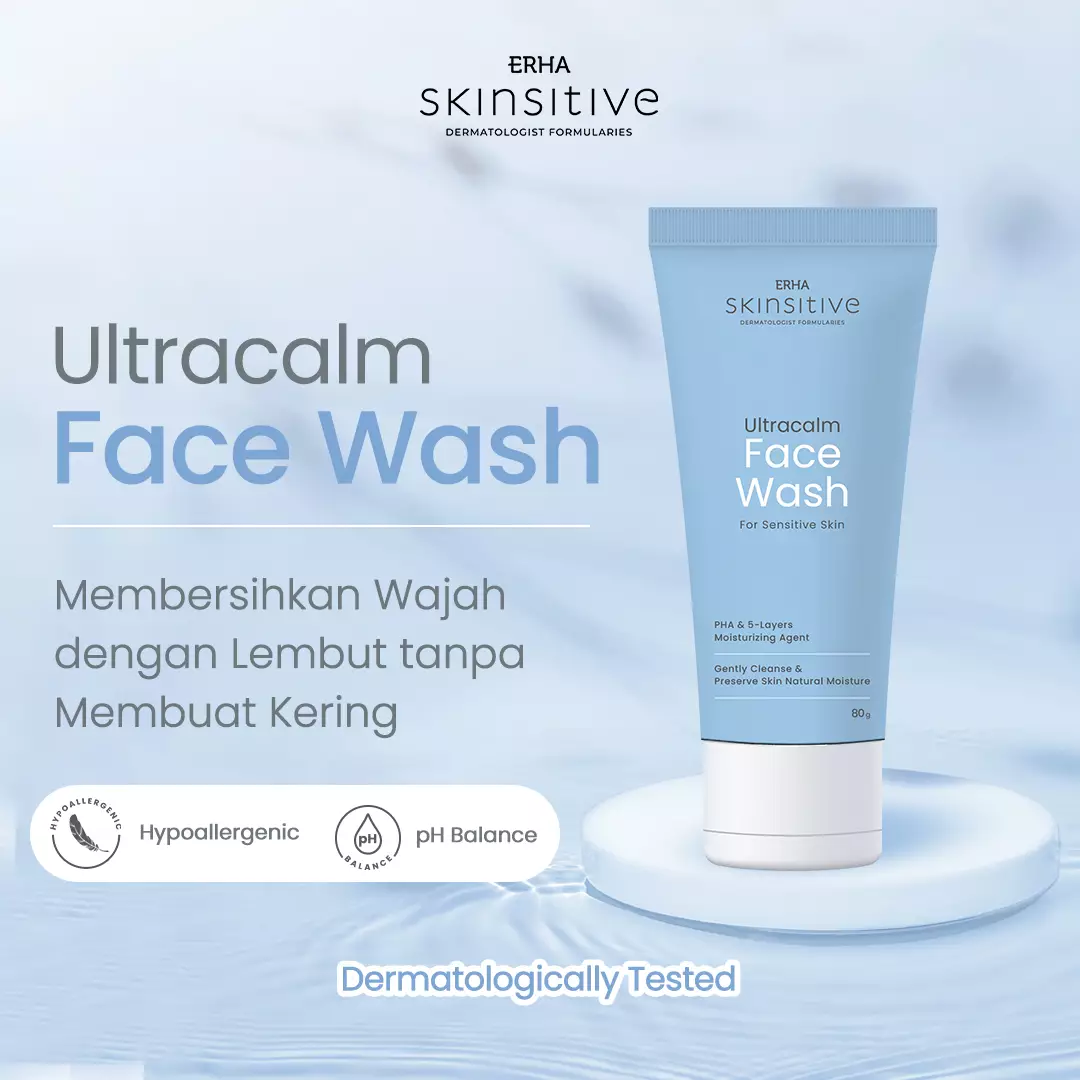 ERHA Skinsitive Ultracalm Face Wash 80g | Sabun Cuci Muka Semua Jenis Kulit (Normal - Sensitif) dengan Panthenol, Aloe Vera Extract | Melembapkan, Kulit Tidak Ketarik | PH Balance, Hypoallergenic, Gentle, Calming | Memperkuat Skin Barrier