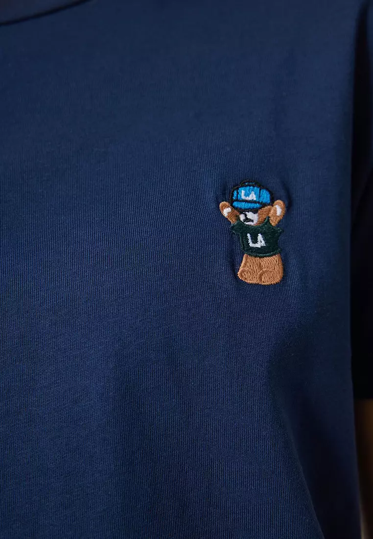 Teddy Bear Embroidered Cotton Knit T-Shirt