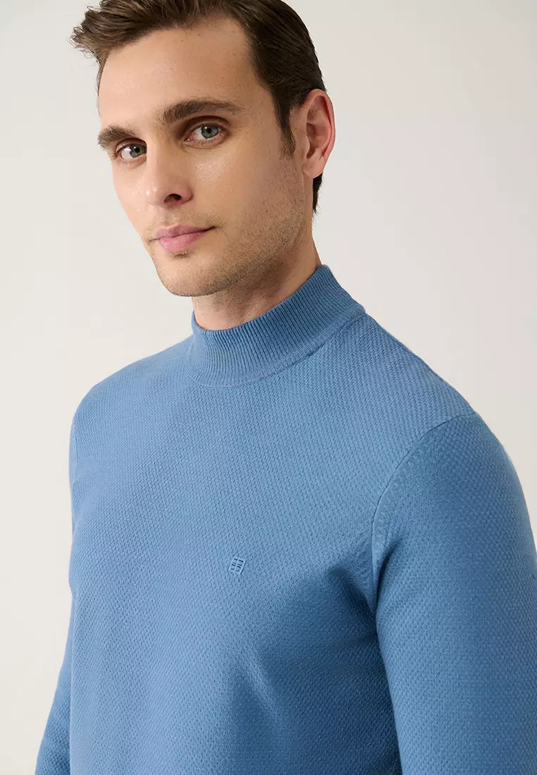 Men's Blue Half Turtleneck Textured Collar Knitwear Sweater A32Y5166
