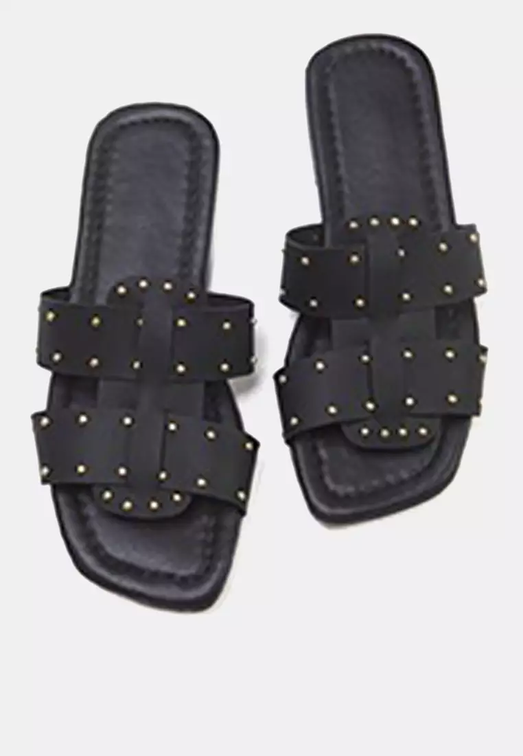 Black Rivet Double Banded Women's Stylish Slippers With Accessories Takss25Te00016