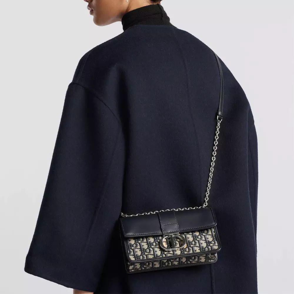 30 Montaigne East-West Bag with Chain Oblique Jacquard and Smooth Calfskin Blue