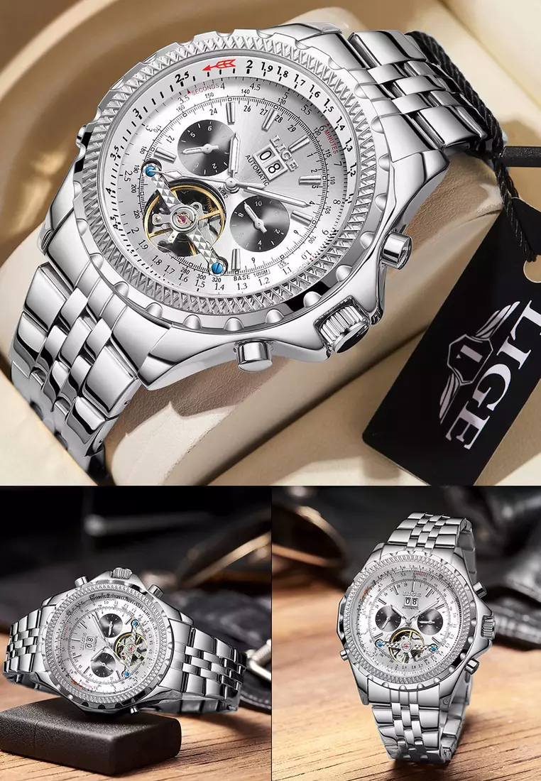 AUTOMATIC Unisex Stainless Steel Self-winding Watch, 46mm Diameter, Silver dial on Steel Bracelet