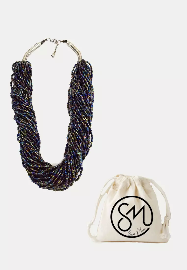 Aksesoris Wanita Beads Multilayer Necklace Kalung Manik Manik  Wanita Peacock Blue & Silver