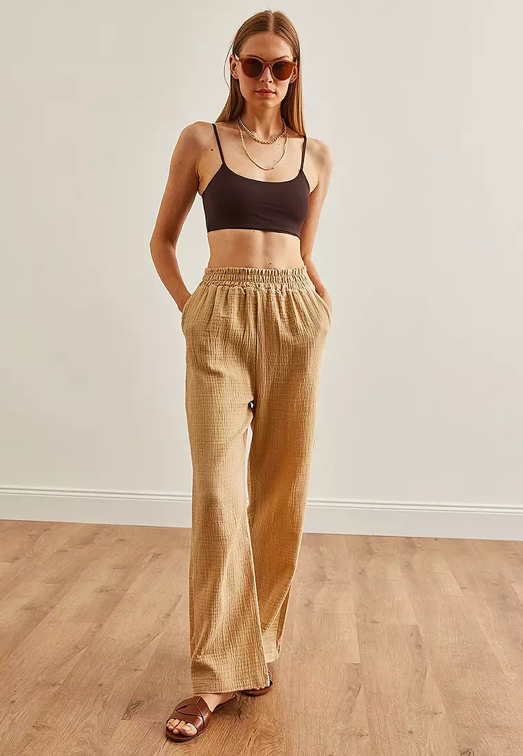 Elastic Waist Pocket Muslin Trousers