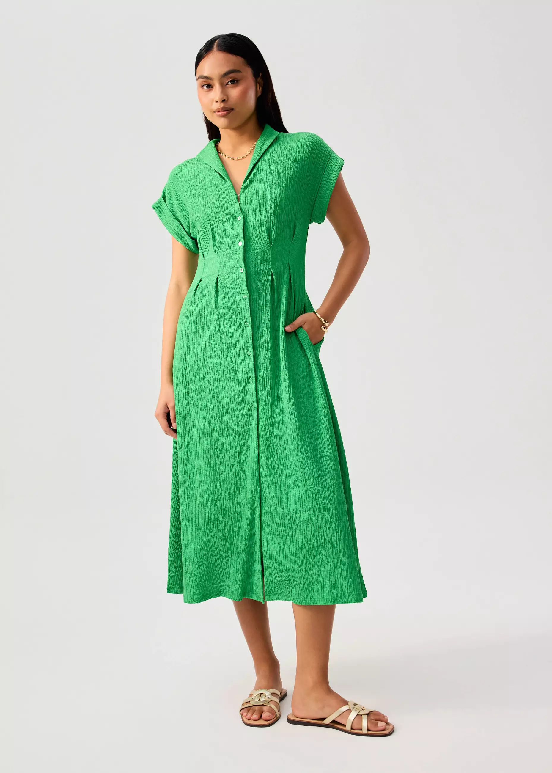 Dress Wanita - Crinkled Collared Button Down Fit & Flare Midi Dress