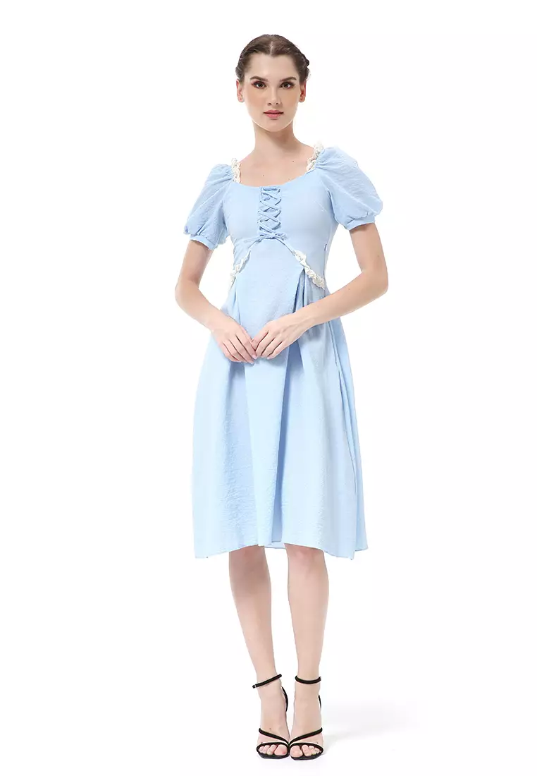 Rachel Slim Dress Wanita Model A-line Lengan Pendek Material Cotton ORIGINAL - Blue