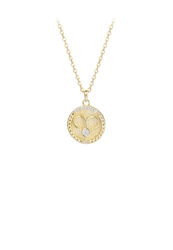 Glamorousky white 925 Sterling Silver Plated Gold Fashion Simple Twelve Constellation Aries Geometric Round Pendant with Cubic Zirconia and Necklace A7D46ACEFAAF58GS_1