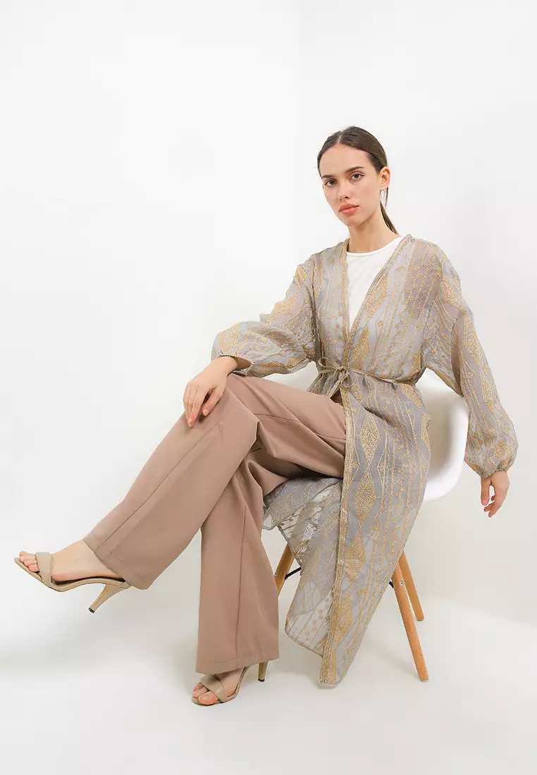 Ethnic Emb Linen Outer W/ Gold Tassel Belt