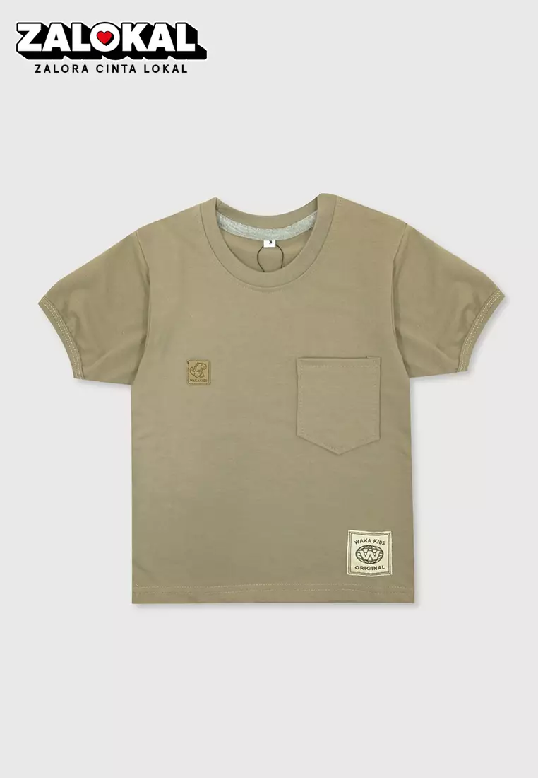Wakakids Baju Anak Oblong Lengan Pendek Atasan Kaos Basic Tshirt Unisex Polos Logo Dino 4109 Coklat