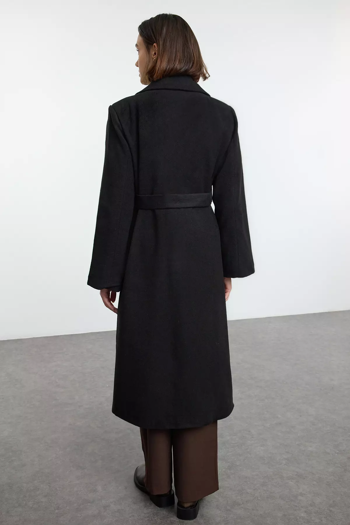 Black Belted Regular Wool Long Coat Formal Lined Coat TWOAW25KB00100