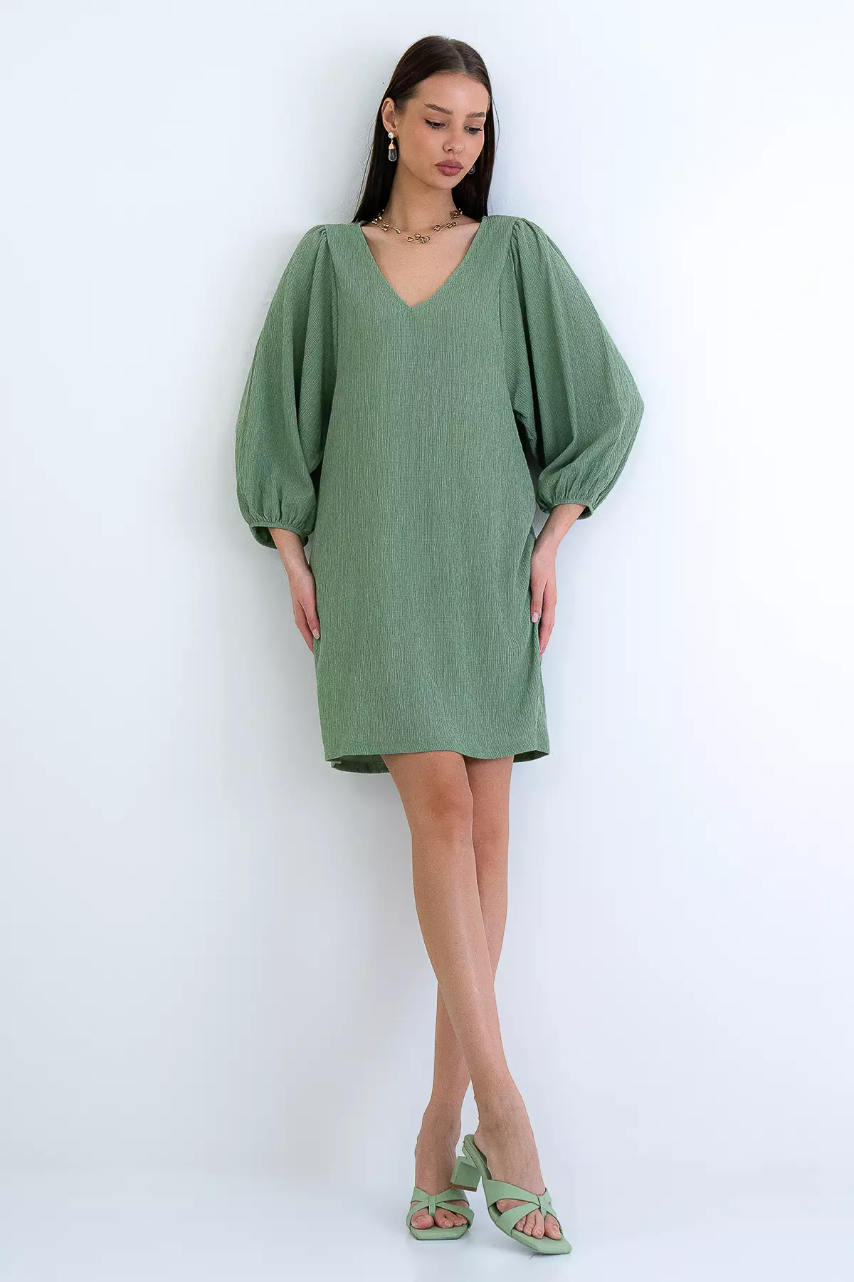 Khaki V-Neck Princess Sleeve Wrap Mini Dress Alc-X15160