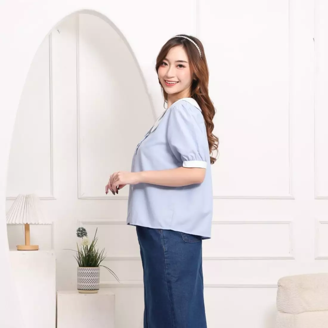 Luvici Short Shirt with Ribbon Button in Light Blue