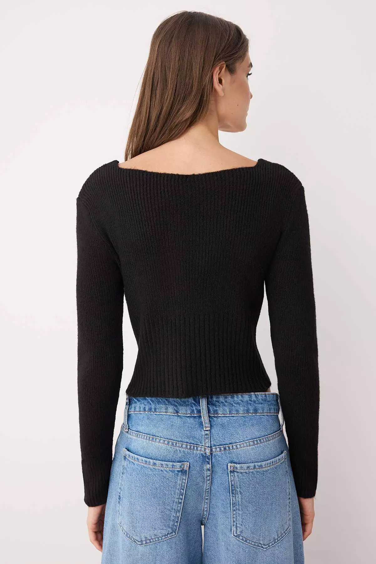 Black Crop Square Neck Knitwear Soft Texture Fitted/Body Hugging Cardigan
