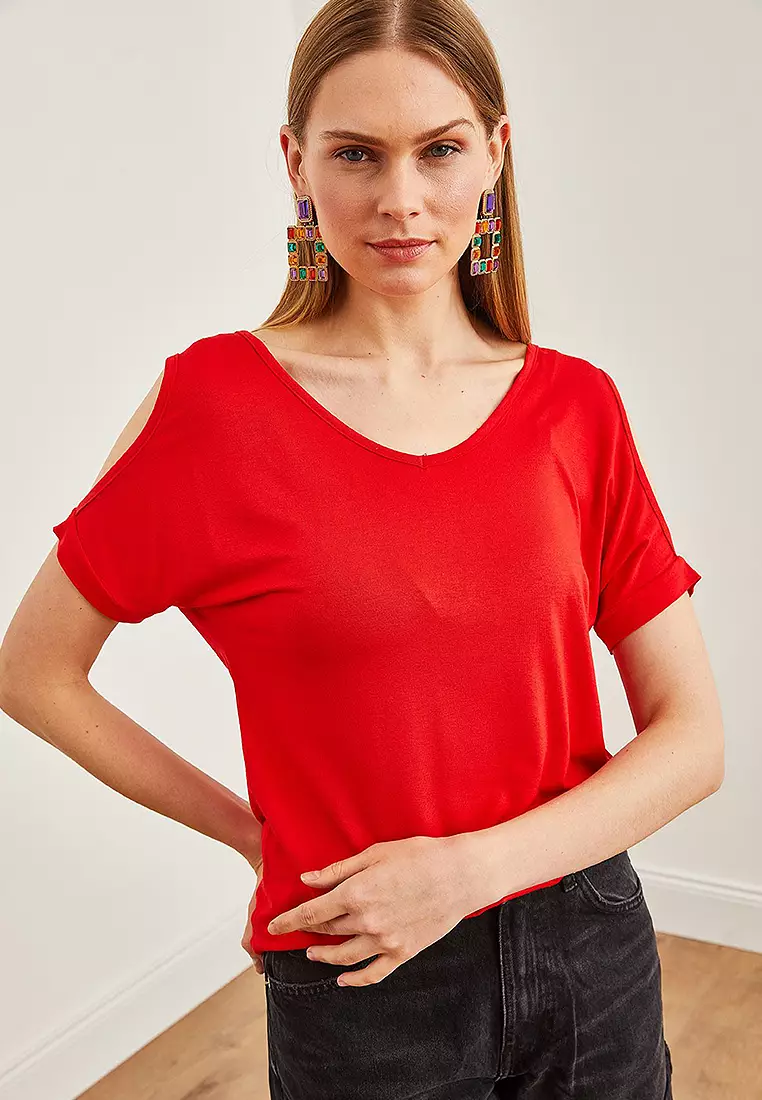Women's Red V-neck Shoulder Low-cut Knitted Viscose Blouse BLZ-19002291
