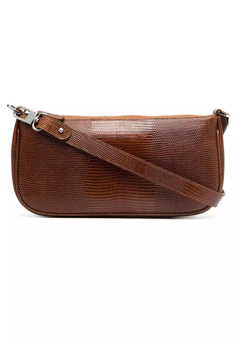 By Far Rachel Lizard Embossed Leather Shoulder Bag in Tan