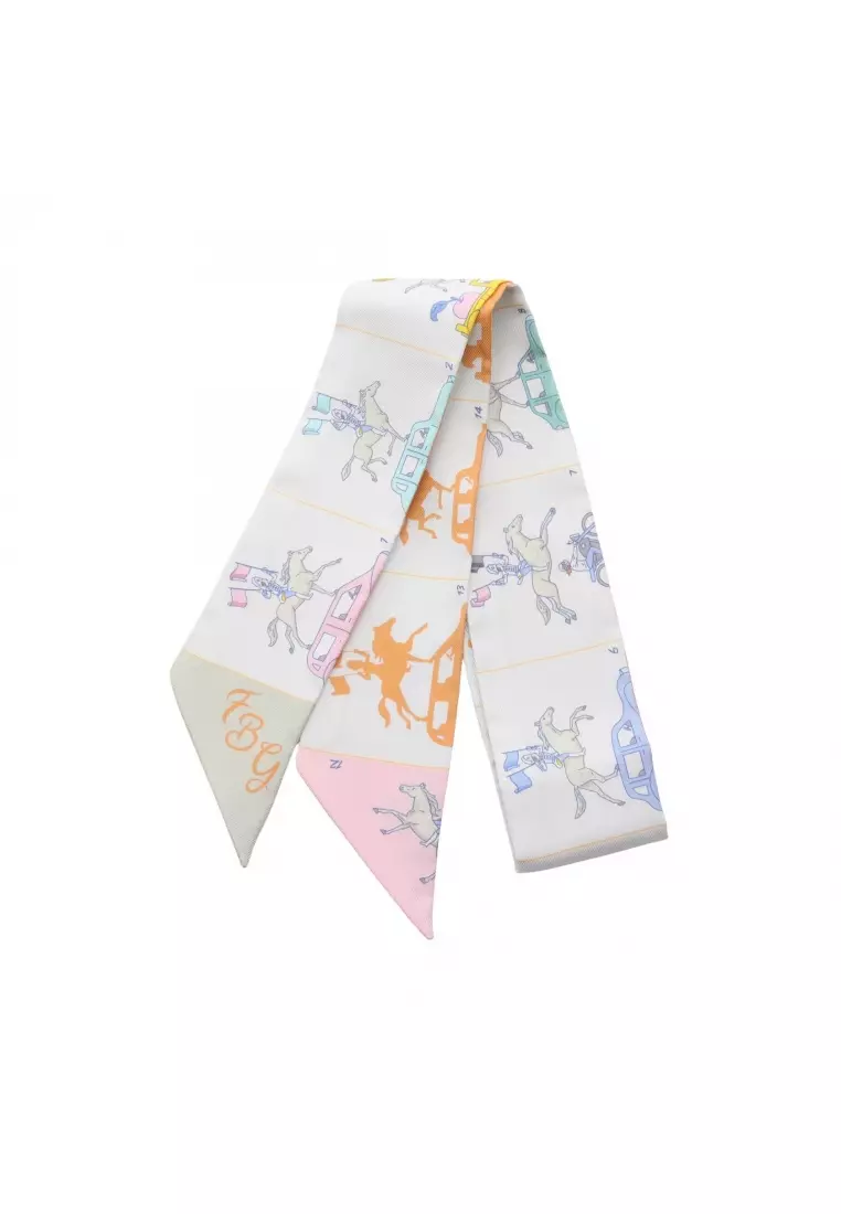 Pre-Loved Hermès twilly Hermes PARADE ribbon scarf silk white multicolor