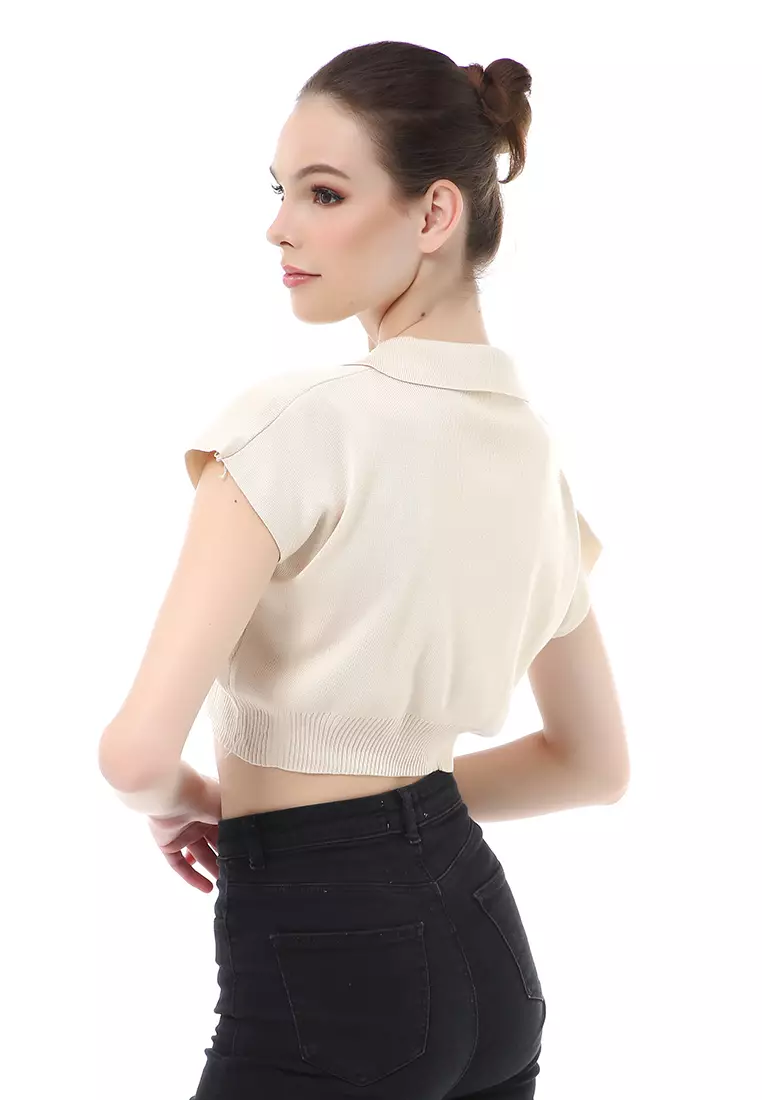 Albertine Atasan Crop Wanita Lengan Pendek Blouse Kerah Material Rajut ORIGINAL - Cream