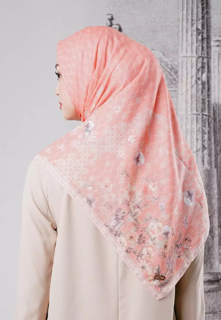 NAVULIA Scarf Peach - Kerudung Hijab Segiempat Motif With BOX - Bahan Voal Premium - Ukuran 115x115