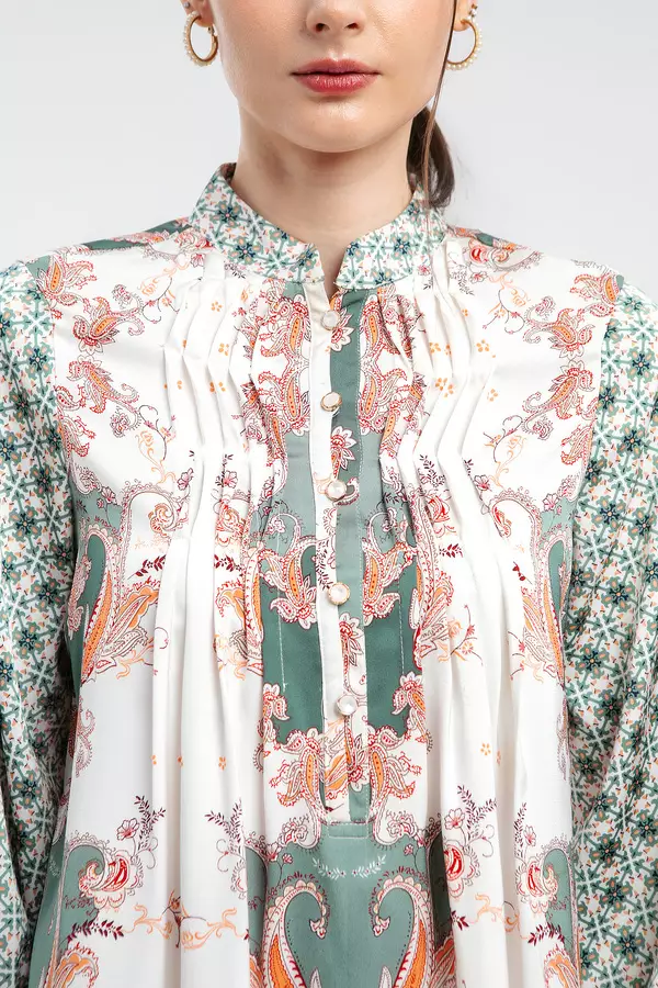 MINIMAL - Pervin - Tunic Pintuck Motif Paisley - Green