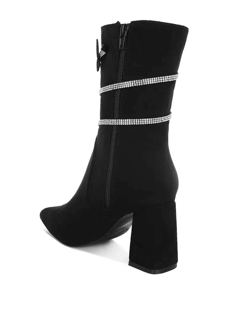 Rhinestone Brooch Wrap-Around Boots In Black