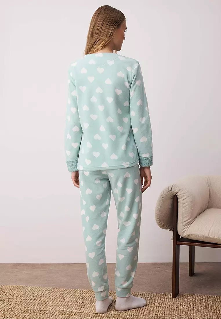 Mint Heart Cat Embroidered Sleep Band Polar Fleece Winter Knitted Pajama Set THMAW21PT0669