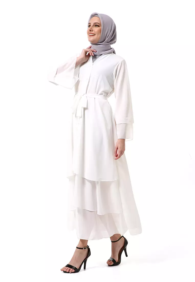 Nadeline Gamis Abaya Wanita Motif Polos Long sleeve Premium High Quality - White