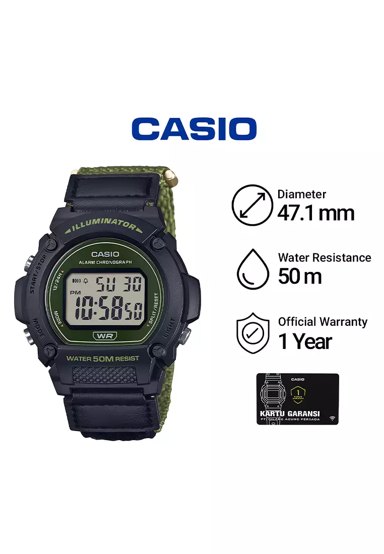 Jam Tangan Digital Pria Casio W-219HB-3AV Green Canvas Strap