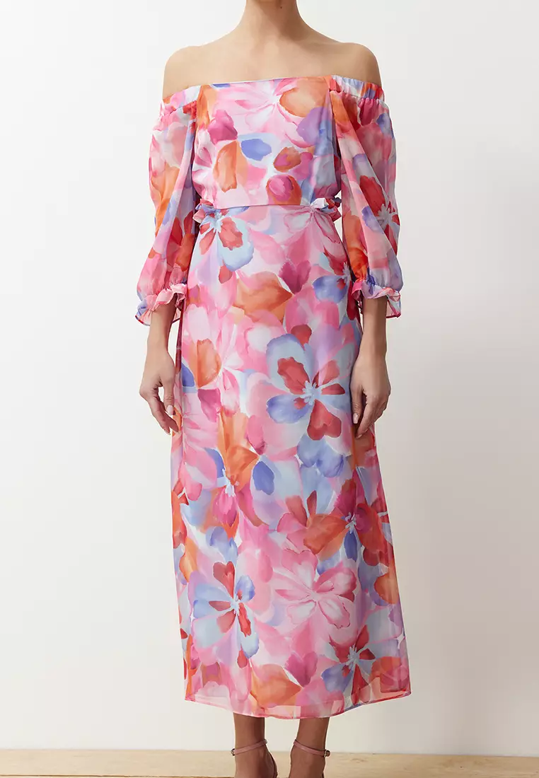 Pink Floral Patterned A-Line Carmen Collar Chiffon Lined Maxi Woven Dress