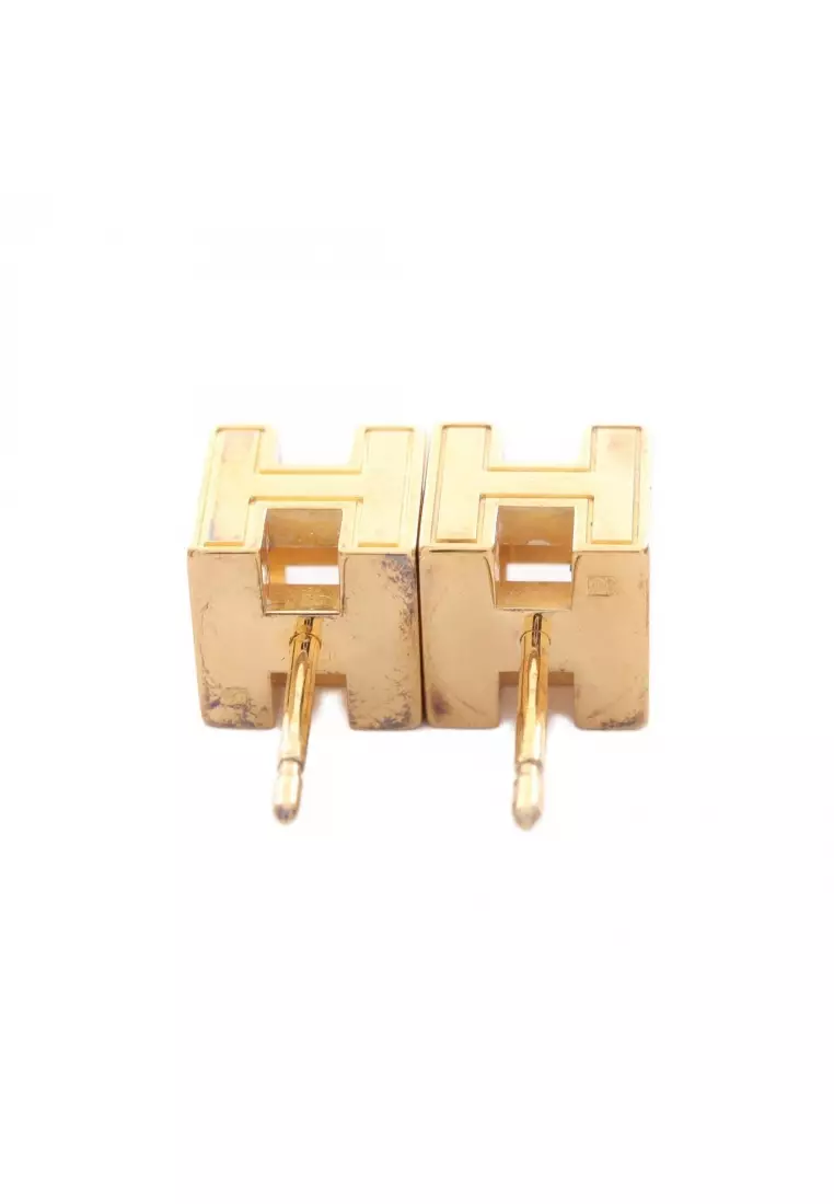 Pre-Loved Hermès Cage d'H Ash H-cube earrings GP gold off white