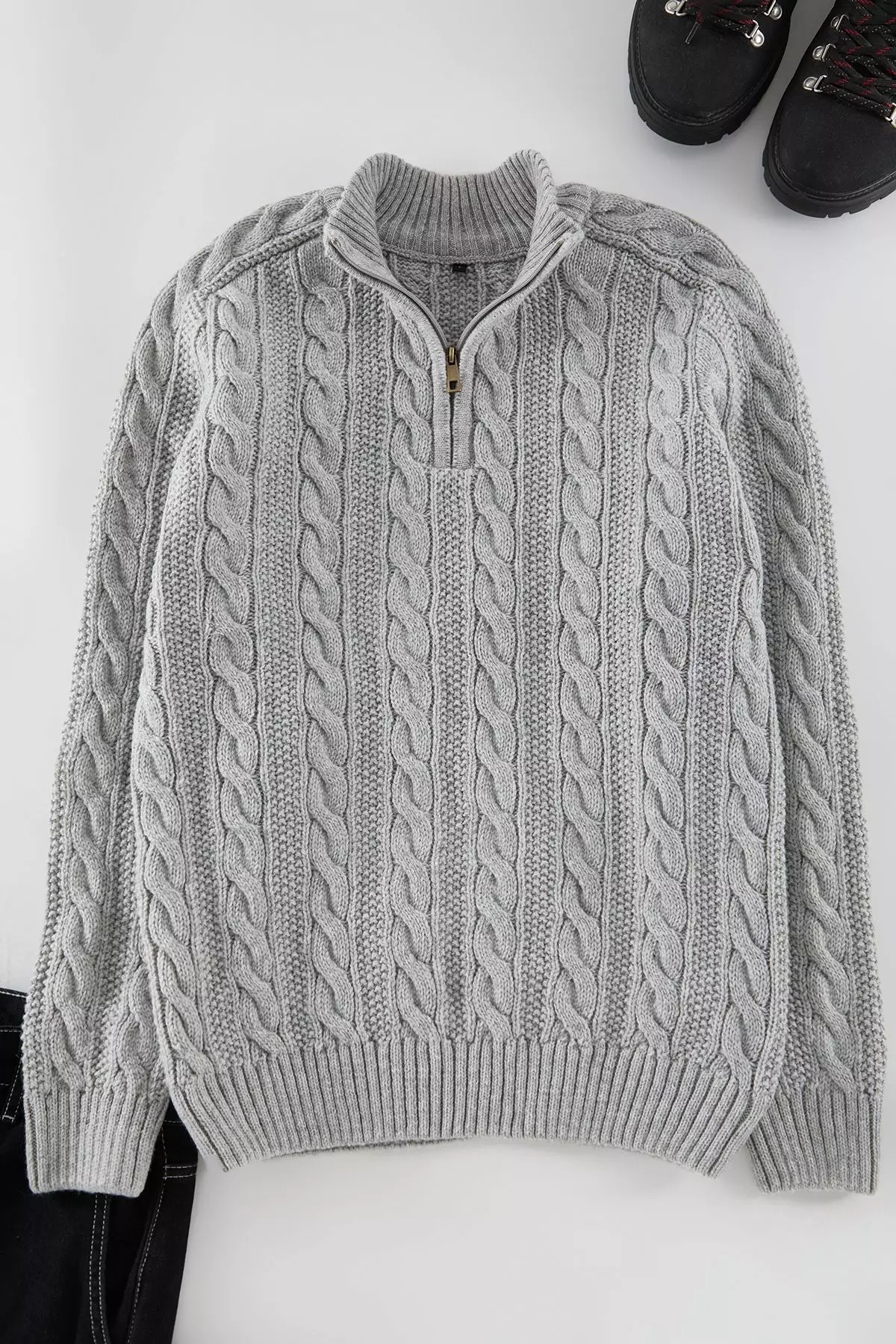 Grey Unisex Regular Fit Zippered Half Turtleneck Knit Sweater TMNAW21KZ0737