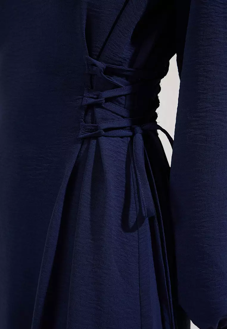 Navy Blue Judge Collar Waist Brit Aerobin Woven Dress Tctss25Eb00082