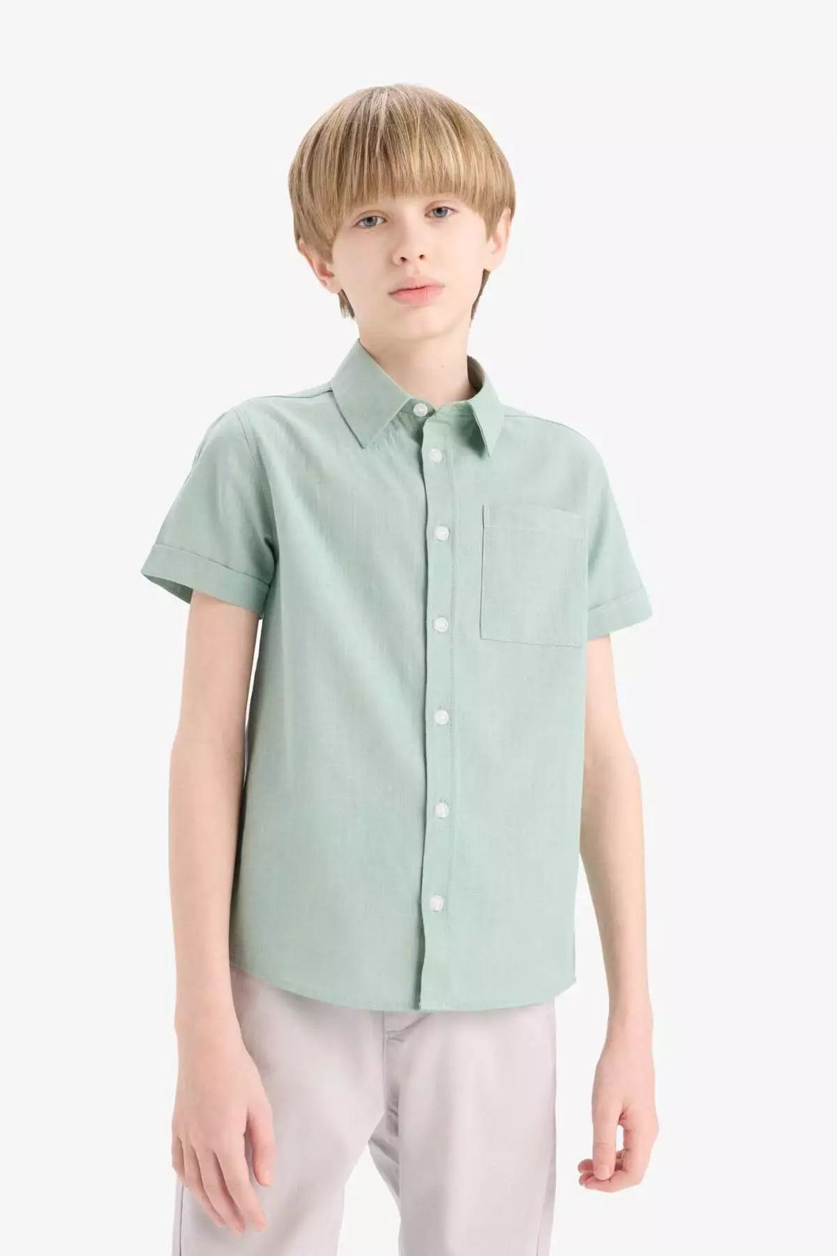 Boy's Polo Neck Linen Look Basic Plain Short Sleeve Shirt Z3204A625Sm