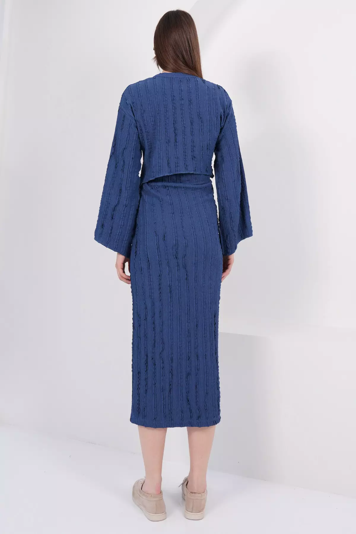Navy Blue Asymmetrical Cut Blouse And Skirt Set With Stitching Detail Alc-X14808