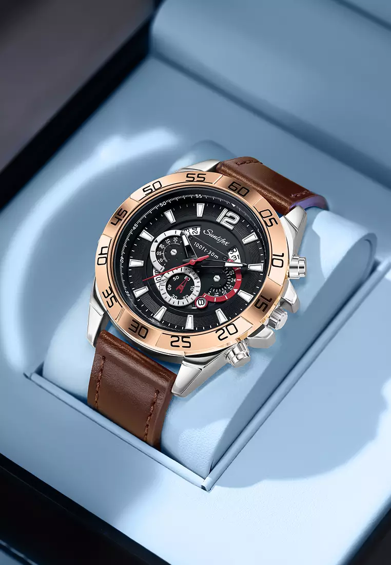 Jam Tangan Pria 9191 Original Kalendar Tali Kulit Anti Air Bercahaya Kuarsa Jam Tangan Cowok brownblack