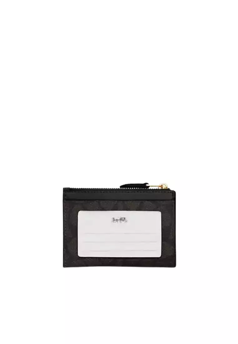 Coach Mini Skinny Id Signature Canvas Card Case In Walnut Black CW870