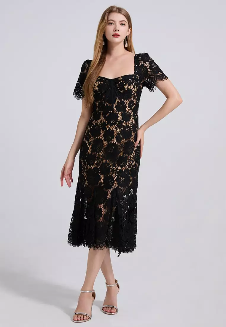 French high-end sexy square neck lace dress CA25070939BK