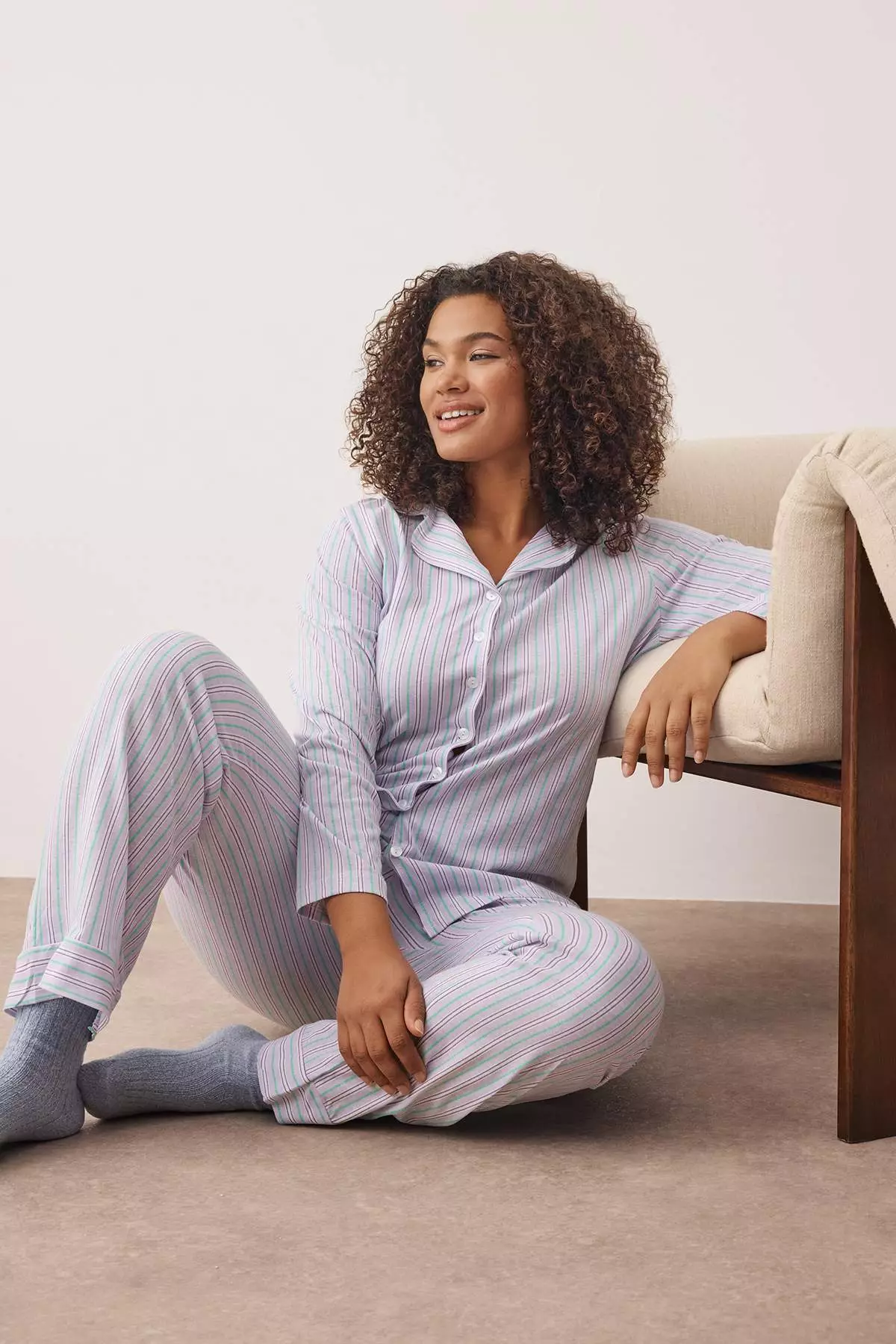 Lilac 100% Cotton Striped Shirt-Pants Knitted Pajama Set Tbbaw26Ai00017