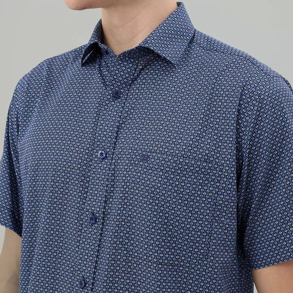 Kemeja Lengan Pendek Guy Laroche Printed Asell Rowen - Navy Cotton Smart Casual