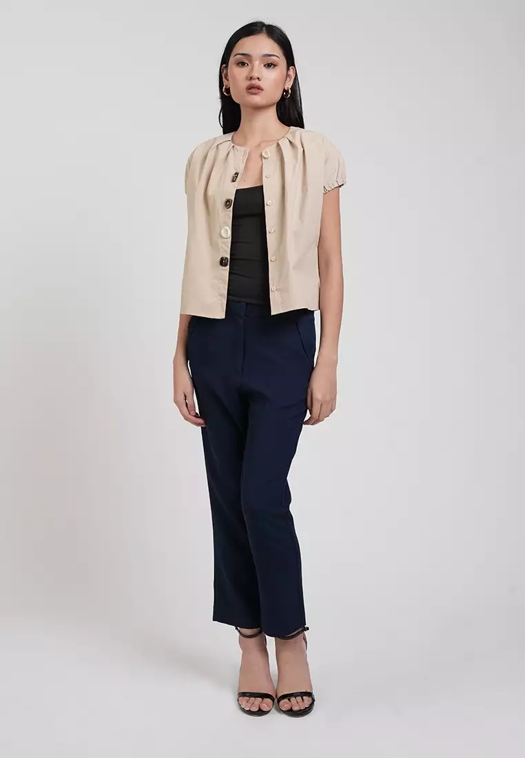 Nyra Pleated Neckline Multi-Tone Button Top