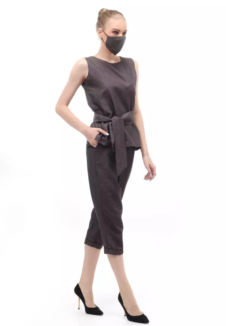 Lamont Set Formal Celana 7/8 Atasan Bawahan Wanita Sleeves Detail Belt Free Mask Casual - Brown