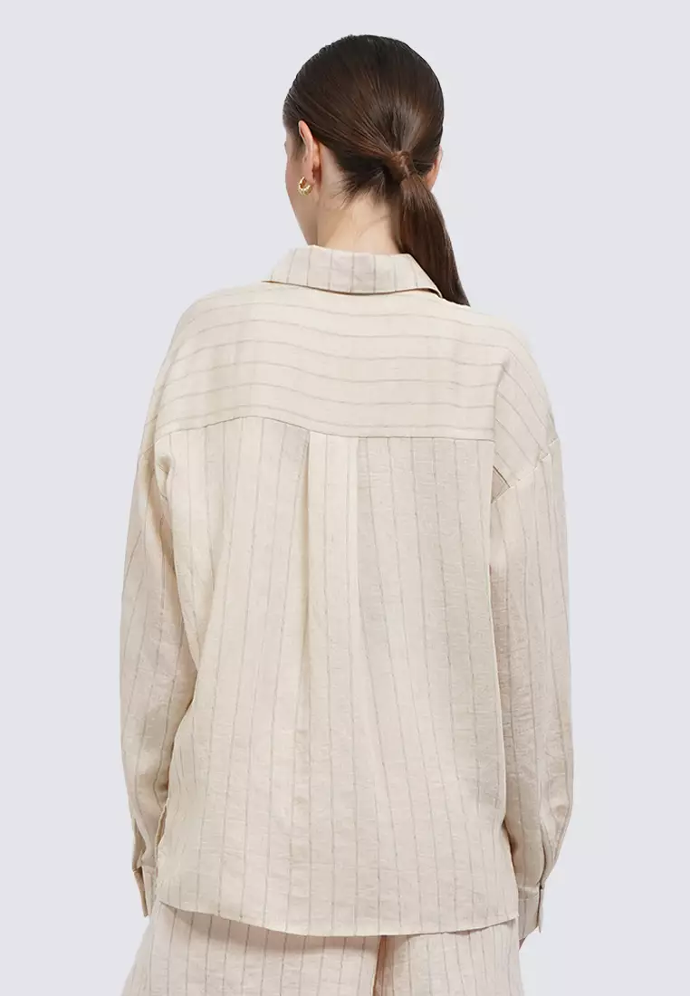 Oversized Long Sleeve Stripes Blouse LT. BEIGE