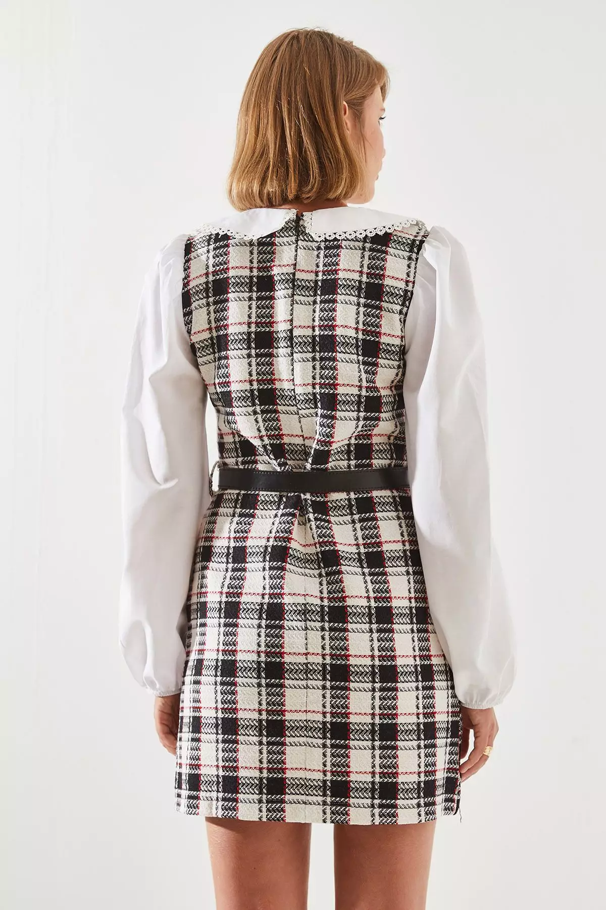 Women's Belted Plaid Patterned Collar Dress