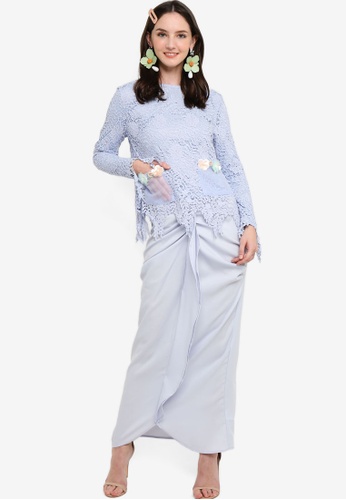 Embellish Lace Top With Drape Skirt from Lubna in Blue