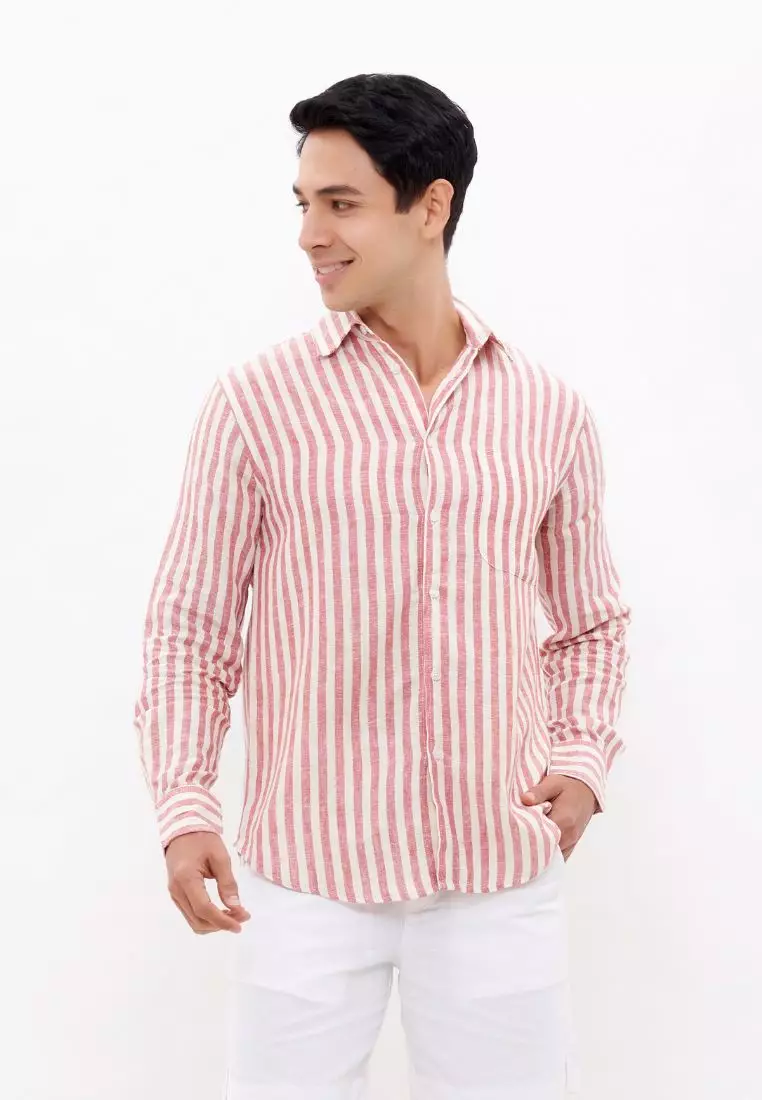 Long Splitz Kemeja Linen Lengan Panjang Pria Merah Stripe | Linen Long Sleeve Shirt Men Striped Red